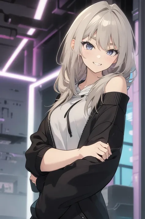 Concept Art,  White hair, Silver gradient hair , Composite cloth, Virtual YouTuber, best quality, masterpiece, Dynamic Angle,  girl,Miss,woman, young,20 years old, , Hair Flip, Silver Hair, Flowing hair, Ahog, giggle, Beautiful and delicate golden eyes, te...