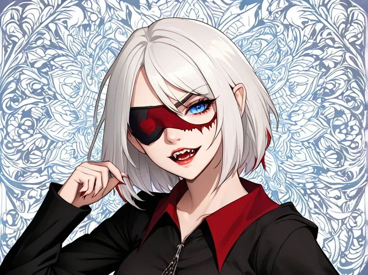 A young woman with white hair and red tips, a vampire, vampire canines, blue eyes, eye patch, short hair, female physique, Discord PfP, fantasy, vampire,long canines, rice teeth