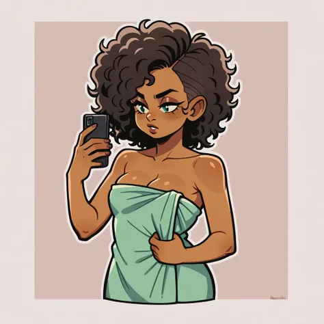 (score_9, score_8_up), mobian, melanin skin, melanin, brown skin, rouge the bat, sexy, curly, natural, kinky hair, wrapped in towel, holding phone, small breasts, cleavage, bedroom background