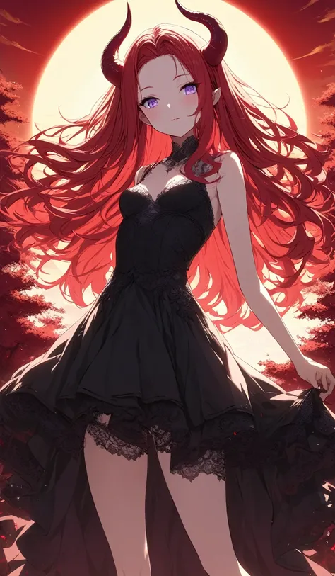 Masterpiece, very detailed, ultra detailed, one, (1 girl), she is in a red detailed and lace dress, and in an elegant position, she is tall, childish style, long red hair and parting on the sides, red demonic horns, beautiful, charming, purple eyes, elegan...