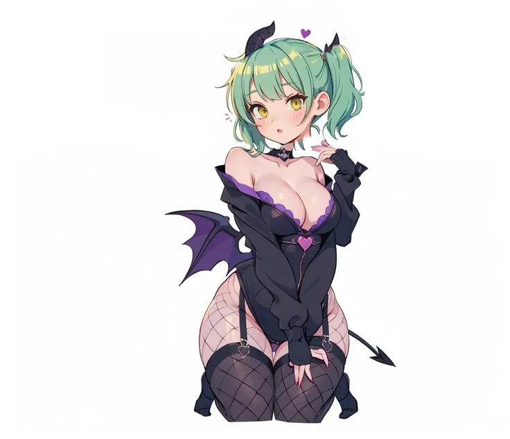 (succubus), small demon wings, adolescent, curved horns, (retain current proportions) thin black heart shaped tail, black Japanese ninja outfit with purple accents, (large breasts), cleavage, demonic, stealth getup, fishnet stockings