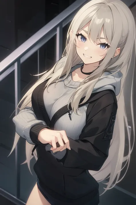 Concept Art,  White hair, Silver gradient hair , Composite cloth, Virtual YouTuber, best quality, masterpiece, Dynamic Angle,  girl,Miss,woman, young,20 years old, , Hair Flip, Silver Hair, Flowing hair, Ahog, giggle, Beautiful and delicate golden eyes, te...