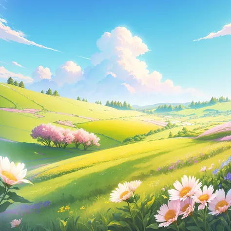 Cartoon illustration：A field in the foreground，There are flowers and rocks, background technology, background technologywork, sunny grassland, Breeze Background, Flower environment, anime background technology, grassland background, grasslands, Flower Fiel...