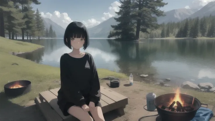 Loose-fitting anime-style girl camping solo by the lake. She stares at the campfire, sometimes blinks her eyes, and has black bob-cut hair.