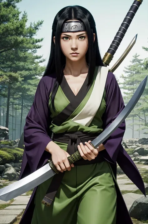 Naruto Shippuden screencap of a female with straight long black hair, white skin color, light purple eyes, heart face shape, big . She is wearing Shinobi clothes but in green color with deer pattern and black shoes with white katana in hand.