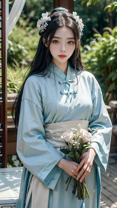 A woman in a blue and white dress with flowers in her hair, hanfu, palace, girl in hanfu, blue hanfu, white hanfu, wearing ancient Chinese costume, ((beautiful fantasy queen)), ancient Chinese princess, Chinese style, traditional Chinese clothing, ancient ...