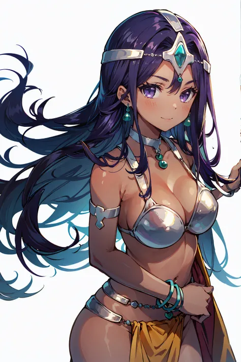 1girl, solo, dqManya, white background, cowboy shot, purple hair, bikini, loincloth, large breasts, cleavage, soft stomach, circlet, earrings, choker, bracelet, armlet, closed mouth, smile, blush