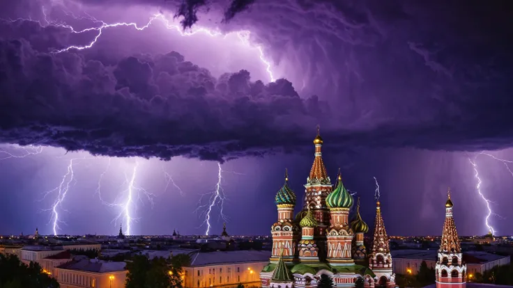 darkest atmosphere, dark purple & black storm clouds during the night, darkness, lightning, panoramic background, exterior of a dark cathedral with purple Russian onion domes