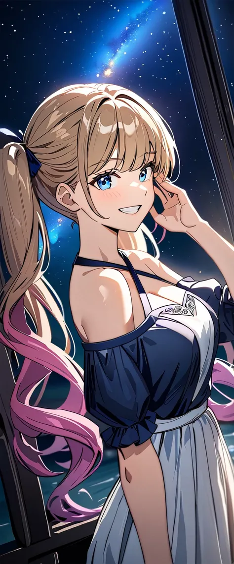 ((grin)), Eyeshadow, False eyelashes, ((off-shoulder dress:1.3, criss-cross halter)), ((white sundress)), ((cleavage)), ((twin tails hair, spiral curl hair, gradient hair, hair extensions, streak)), ((sunglasses, hand to sunglasses)), (((from side))), ((((...