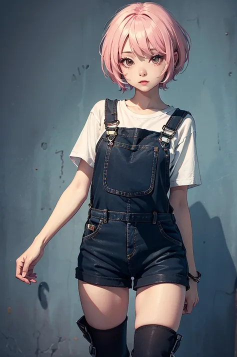 1girl, solo, hd, absurdres, anime style, 2d, digital art, solid color background, (short hair, ((pixie cut)) hair, messy hair, pink hair), wearing ((pink casual hoodie, ((black dungarees)) and short (skirt), and brown eyes iris))