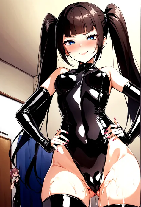 score_9, score_8_up, score_7_up, perfect face, perfect eyes, 1 girl, 1 boy, girl teasing, femdom, nsfw, medium breast, blunt bangs, twintail hairstyle, smug face, hands on hips, latex clothes, latex leotard, cameltoe crotch, thigh highs, exposed shoulders,...