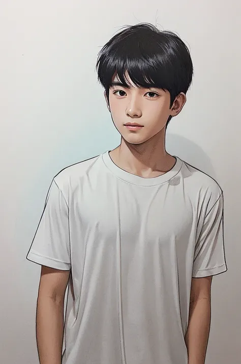 Drawing of a black-haired Asian boy wearing a white T-shirt