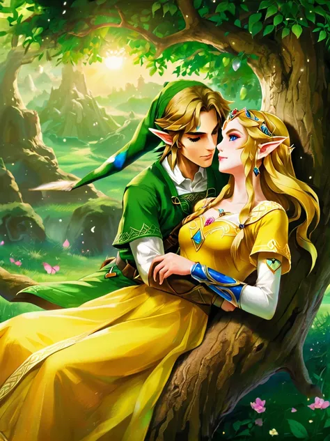 (best quality，8k，ultra-high resolution，masterpiece)，super fine，illustration，princess zelda，link，couple，love，embrace，(lying under...