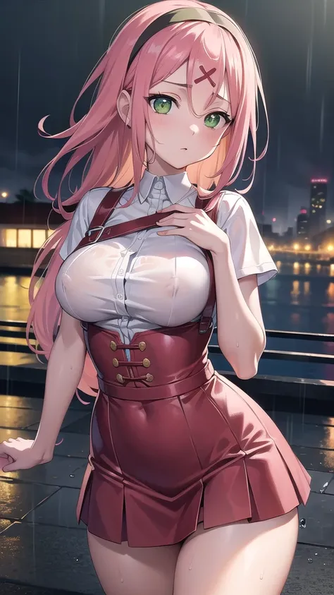 sakuraharuno, sakura haruno, long hair, bangs, (green eyes:1.5), pink hair, hairband, facial mark, (forehead mark:1.2), red hairband, (swept bangs:1.5), (medium breast:1.2),
white blouse,wet blouse,сleavege,neckline,nipples,nipples see through,blue skirt,h...