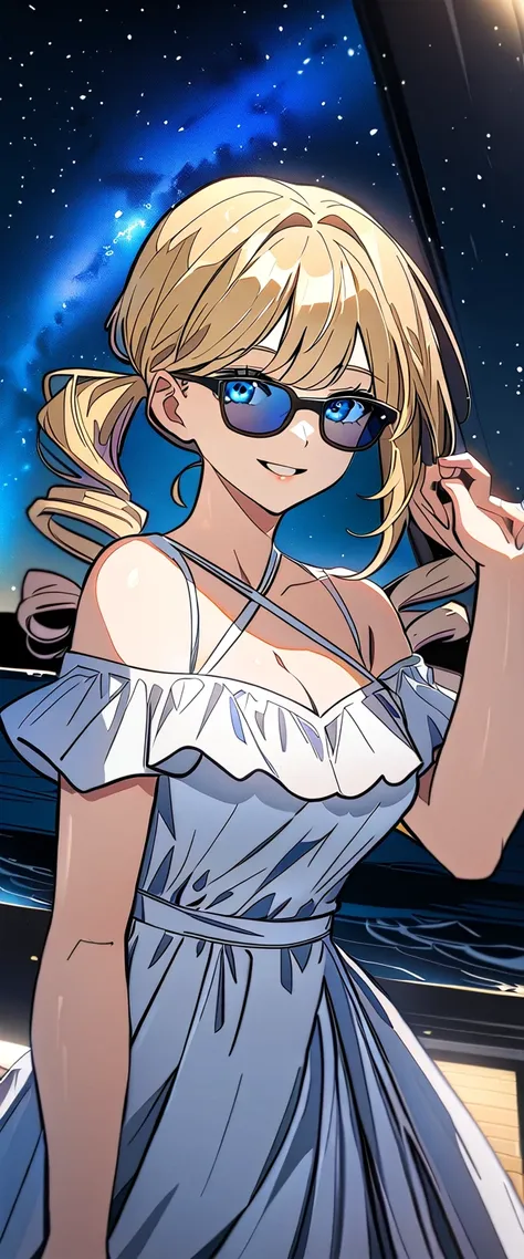 ((grin)), Eyeshadow, False eyelashes, ((off-shoulder dress:1.3, criss-cross halter)), ((white sundress)), ((cleavage)), ((twin tails hair, spiral curl hair, gradient hair, blond and blue, hair extensions, streak)), ((sunglasses, hand to sunglasses)), (((fr...