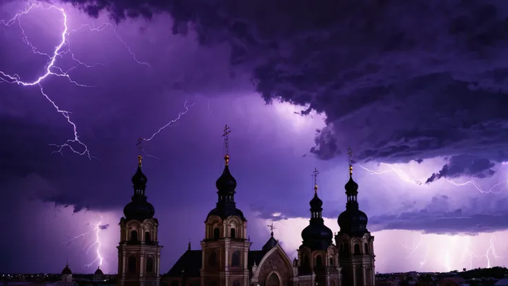 darkest atmosphere, dark purple & black storm clouds during the night, darkness, lightning, panoramic exterior of a dark cathedral with purple onion domes, background