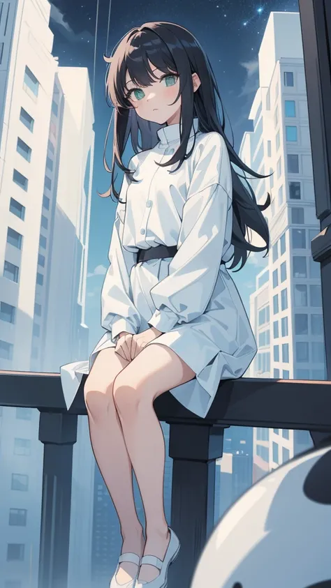 masterpiece, Exquisite detail,Highest quality, One girl, alone, handrail, cloud, Looking up at the buildings,Long Hair, NULL, Long sleeve, Power lines, White footwear, Black Hair, View your viewers, Electric pole, bangs, cloudy NULL, fish, bird, Green Eyes...