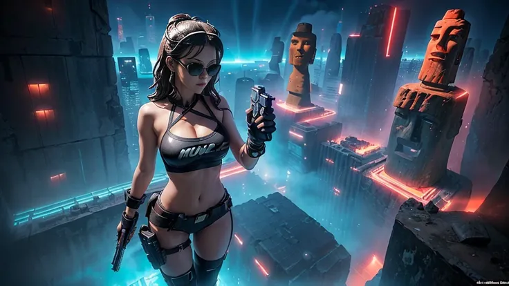 At night, dark sky, aerial view of fantasy cyberpunk style ((Moai-statue)) city, ((flying vehicle)). ((1girl, solo, alone)), photo realistic, medium-breast:1.1 slim body, cleavage, sexy clothes, (black sunglasses), (((hip-up standing and pistol aiming pose...