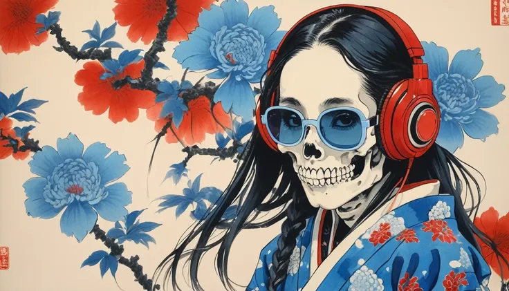 Japanese pattern haori, Long Hair, Cute female skeleton, Sunglasses with light blue lenses, Katsushika Hokusai, Ink Painting, Japanese style headphones, karate, Modern ukiyo-e style, Red Eyes