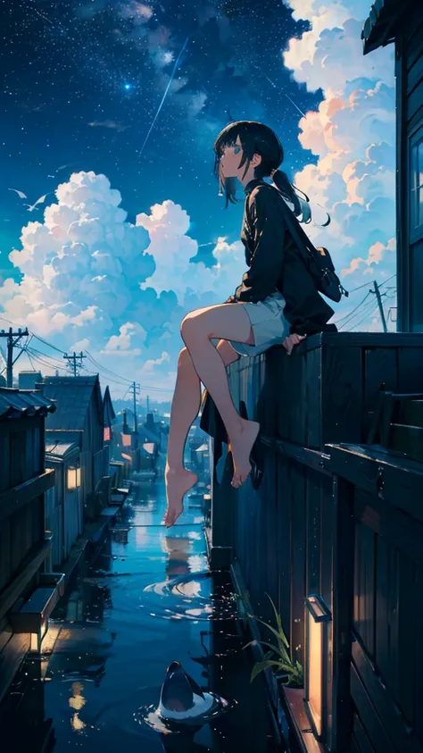 masterpiece, Exquisite detail,Highest quality, One girl, alone, handrail, cloud, Looking up at the buildings,Long Hair, NULL, Long sleeve, Power lines, White footwear, Black Hair, View your viewers, Electric pole, bangs, cloudy NULL, fish, bird, Green Eyes...