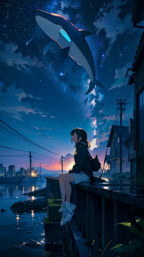 masterpiece, Exquisite detail,Highest quality, One girl, alone, handrail, cloud, Looking up at the buildings,Long Hair, NULL, Long sleeve, Power lines, White footwear, Black Hair, View your viewers, Electric pole, bangs, cloudy NULL, fish, bird, Green Eyes...