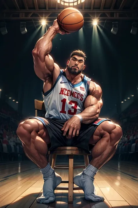 Basketball clothes，Basketball clothes上号码是八号，Nike shorts，White socks，No shoes，Sitting on a low wooden chair indoors，Full body portrait，There is a basketball under the chair，Hands on the chair beside legs，Look down，Eyes on the audience，Expose shoulders and a...