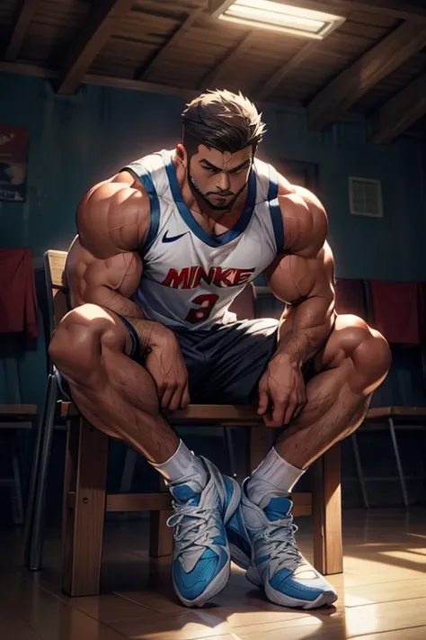 Basketball clothes，Basketball clothes上号码是八号，Nike shorts，White socks，No shoes，Sitting on a low wooden chair indoors，Full body portrait，There is a basketball under the chair，Hands on the chair beside legs，Look down，Eyes on the audience，Expose shoulders and a...