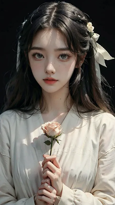 ((masterpiece, best quality)),best aesthetic,1girl, solo, long hair, black dress, flower, ribbon, black background, black hair, rose, hair ribbon, green eyes, long sleeves, white rose, closed mouth, black ribbon, upper body, cinematic lighting