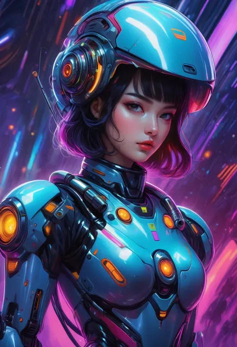 , cinematic),(Very accurate drawing in every detail)(very accurate expression)saturated_body_portrait,space age retro future atmosphere, Cool robot with colorful uniform, Hoe and machine parts shooting futuristic rifle in front of flat futuristic art backg...