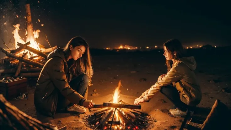 A woman is sitting on the floor next to a campfire, Alena Anami Style, inspired writer: Alena Aenami, Gwaiz style artwork, Realistic art style, Beautiful lonely girl, The fire shines , at a campfire at night, writer: Alena Aenami, Makoto Shinkai Cyril Roll...