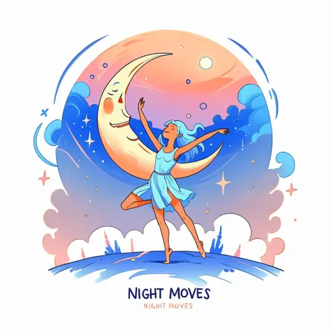 On a white background, a minimalist doodle of a pastel-colored moon with arms and legs dancing over a calm horizon. Text saying Night Moves in pastel hues of soft orange, light pink, and gentle blue