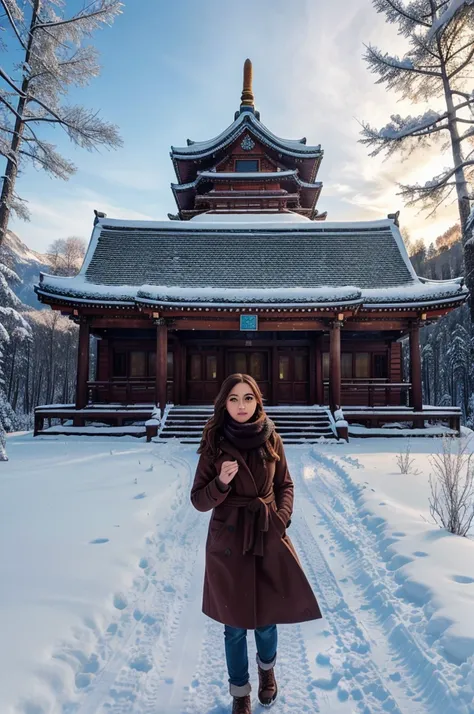 Beautiful scenery photoshoot pose, full portrait,sky day time, winter, walking on forest path, detailed face, cute, big eyes, iconic, photorealistic, mountain temple, detailed background , , , masterpiece, 8k, ultra realistic