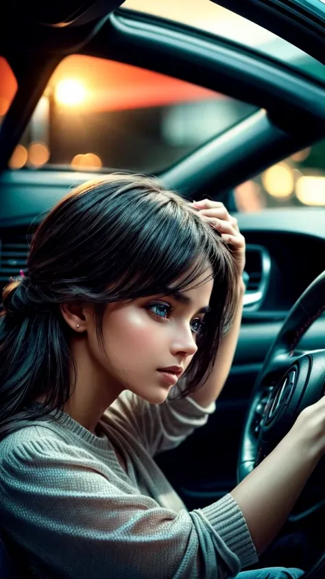 A girl driving a car, looking at her smartphone, detailed face, beautiful girl, beautiful eyes, detailed skin, intricate details, photorealistic, cinematic lighting, dramatic lighting, vibrant colors, elegant, serene, realistic, hyper-detailed, masterpiece...