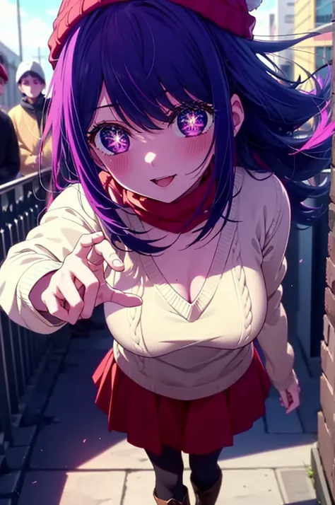 aihoshino, Ai Hoshino, Long Hair, bangs, (Purple eyes:1.1), Purple Hair, (Symbol-shaped pupil:1.5), smile,smile,blush,Open your mouth,Knitted hat,Purple long coat,V-neck sweater,Long skirt,Black pantyhose,short boots,Red muffler,It&#39;s snowing,Snow is fa...