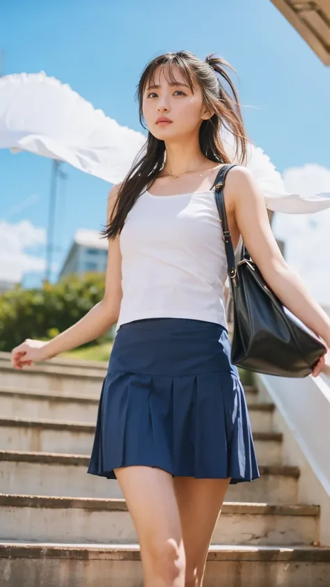 ((Viewing angle from below、Highest quality、masterpiece、32k、Every detail))、Descend the outdoor stairs、commute、Systemic symptoms、Traditional navy blue sailor uniform、White blouse、Pleated skirt、(((A strong wind blows my hair and skirt away:1.62)))、((I always ...