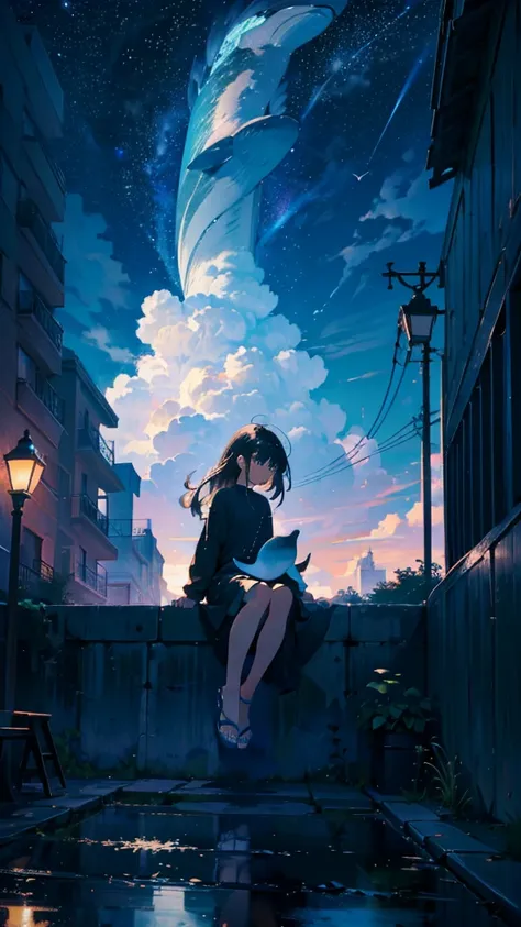 masterpiece, exquisite detail,highest quality, one girl, alone, handrail, cloud, looking up at the buildings,long hair, null, lo...