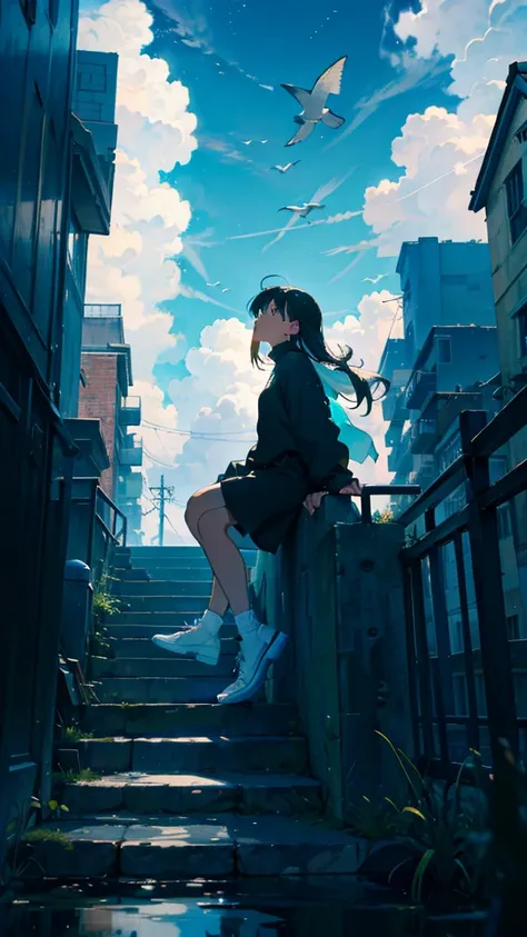 masterpiece, exquisite detail,highest quality, one girl, alone, handrail, cloud, looking up at the buildings,long hair, null, lo...