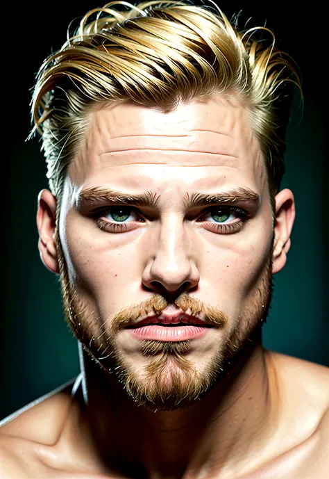 photograph of a face, blond man, green eyes, full beard, straight hair, hair thrown back, hair shaved on the sides, harmonious face, sexy face, sexy look, shirtless  