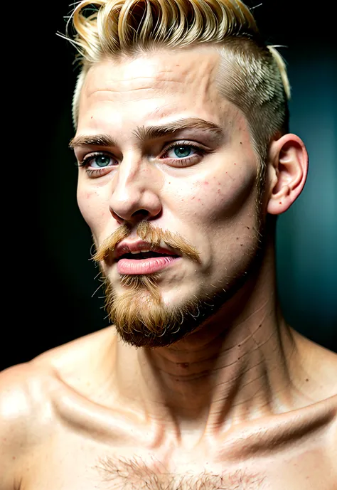 photograph of a face, blond man, green eyes, full beard, straight hair, hair thrown back, hair shaved on the sides, harmonious face, sexy face, sexy look, shirtless  