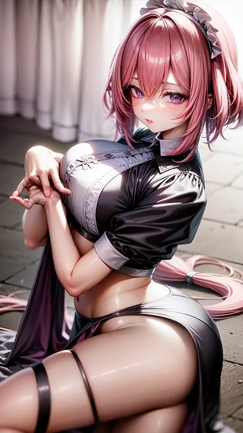 pink hair,purple eyes,maid,crop top,Short skirt