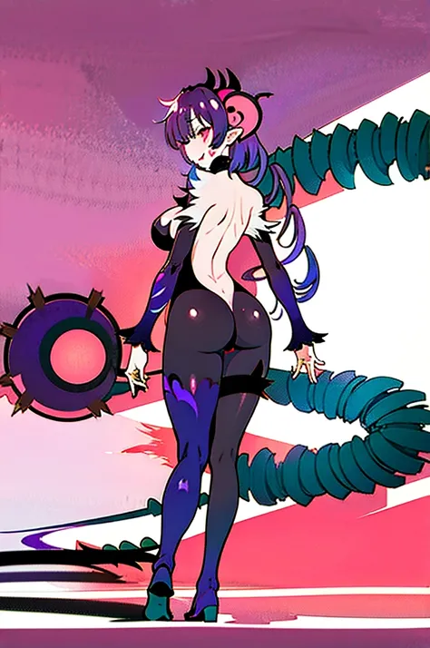 Draw a face carefully　High quality anime style faces　Black Hair　Black full body suit　Purple pantyhose with bat print　Attractions　Laughter　Morrigan Aensland　Rear View