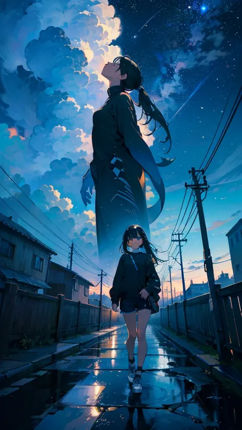 masterpiece, Exquisite detail,Highest quality, One girl, alone, handrail, cloud, Looking up at the buildings,Long Hair, zero, Long sleeve, Power lines, White footwear, Black Hair, View your viewers, Electric pole, bangs, cloudy zero, fish, bird, Green Eyes...