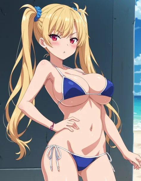 score_6_up, source_anime BREAK, anime screencap, 1girl, blonde hair, twin tails, red eyes, big breasts, blush, bikini, standing