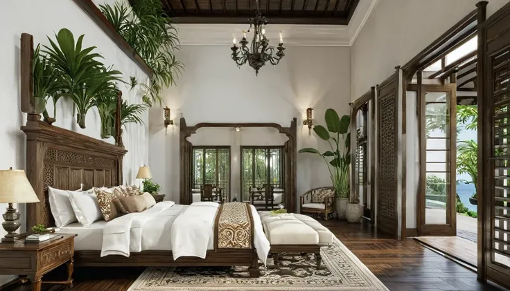 Render a serene Indochine-style bedroom that matches the overall design of a 5-meter-wide, 3-story townhouse. The bedroom features a grand wooden bed with an intricately carved headboard and luxurious, patterned bedding in warm, earthy tones. The walls are...