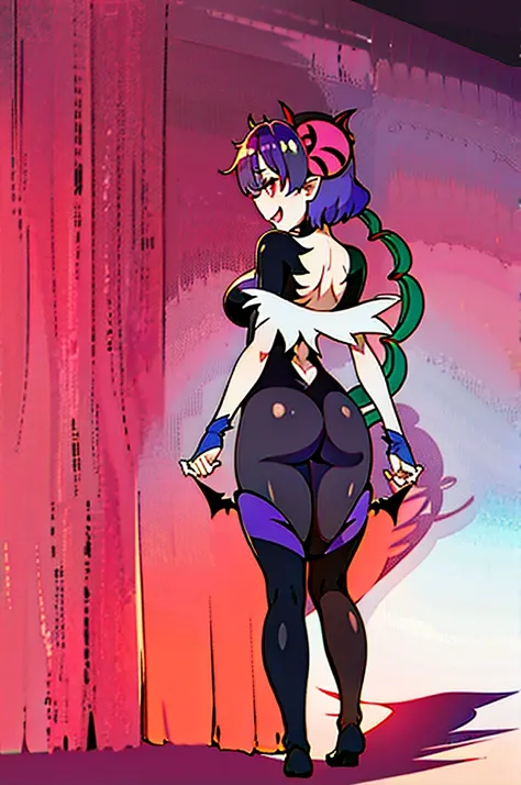 Draw a face carefully　High quality anime style faces　Black Hair　Black full body suit　Purple pantyhose with bat print　Attractions　Laughter　Morrigan Aensland　Rear View