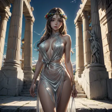 (American shot) facing the viewer 1 girl, 30 years old, a beautiful woman in front of a Greek temple, Greek Goddess, elegant, very shiny silk dress, low-cut, detailed features, shiny skin, warm lighting, , vibrant colors, details intricate,  masterpiece, o...