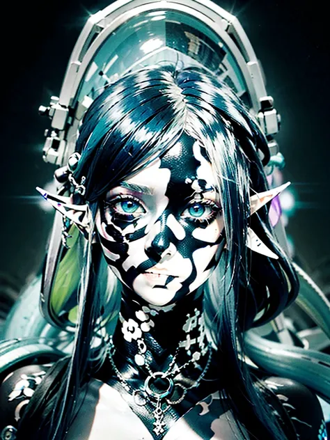 Create surreal pictures, space manipulation, glitch
recursive layer
effect, tattooed cyberpunk albino elf female figure,with a fractured facial piercing, very long blue and black under cut hair spread out on the ground,
transparent clear robe, les neon Yel...