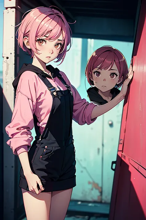 1girl, solo, hd, absurdres, anime style, 2d, celshade style, digital art, solid color background, (short hair, ((pixie cut)) hair, messy hair, pink hair), wearing ((pink casual hoodie, ((black dungarees)) and short (skirt), and brown eyes iris))