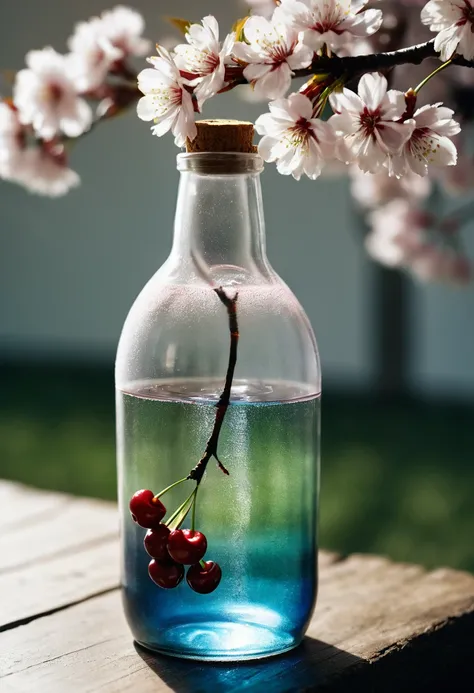 Cherry tree in a bottle, Fluffy, Practical, Atmospheric light refraction, photography：lee jeffries, Nikon d850 film stock photos 4 Kodak portra 400 camera f1.6 shots, Rich colors, ultra Practical Practical textures, Dramatic Lighting, Unreal Engine Trendin...