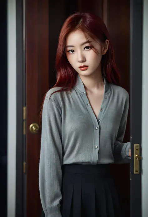 Portrait of a beautiful 18 year old girl, Red hair, Gorgeous Chinese, Wearing cotton, at the door, (Dark private office, Dark melancholy light: 1.2)